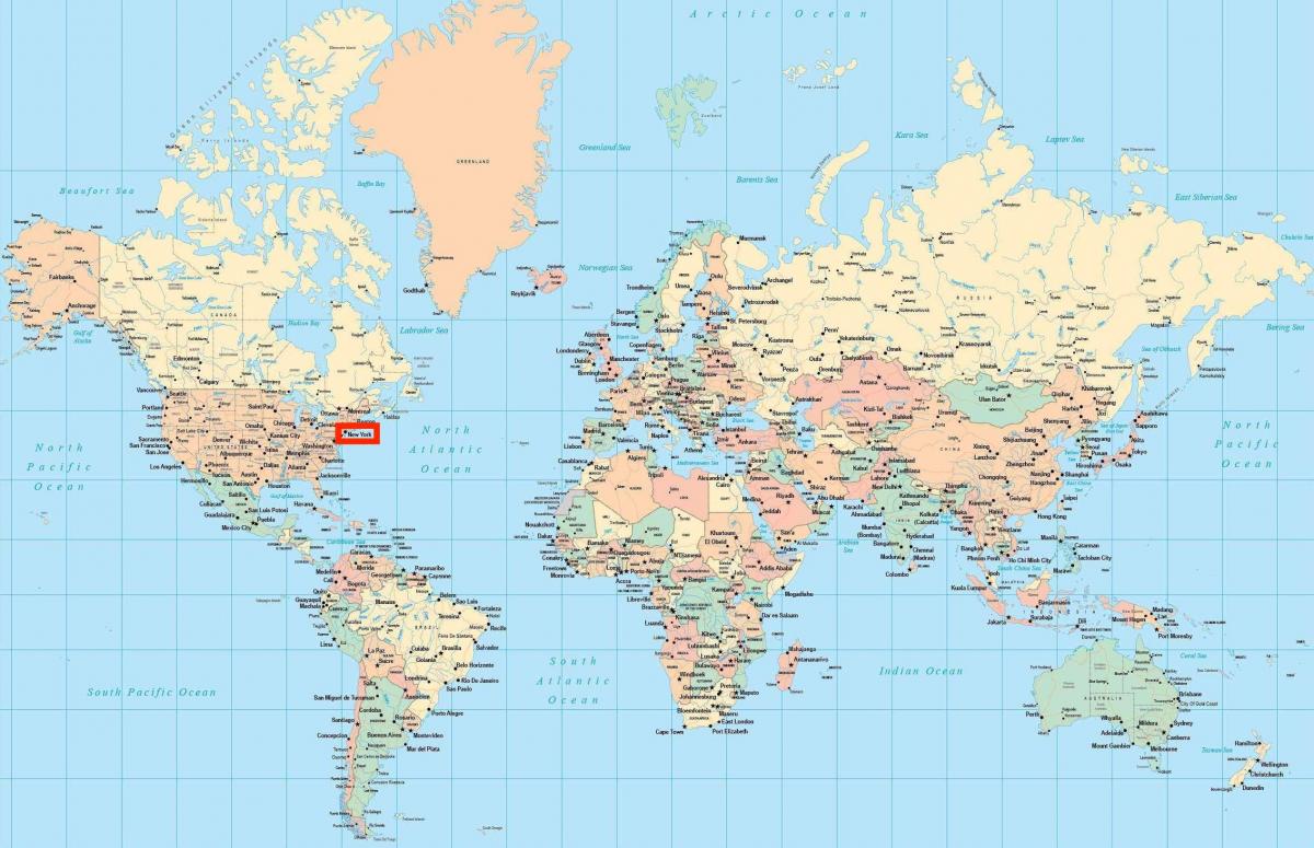 карта мира, показывающая Нью-Йорк
